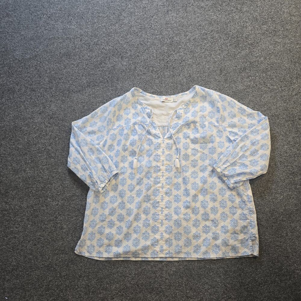 Vineyard Vines Top Womens Size Large Blue White Boxy Peasant Long Sleeve Casual